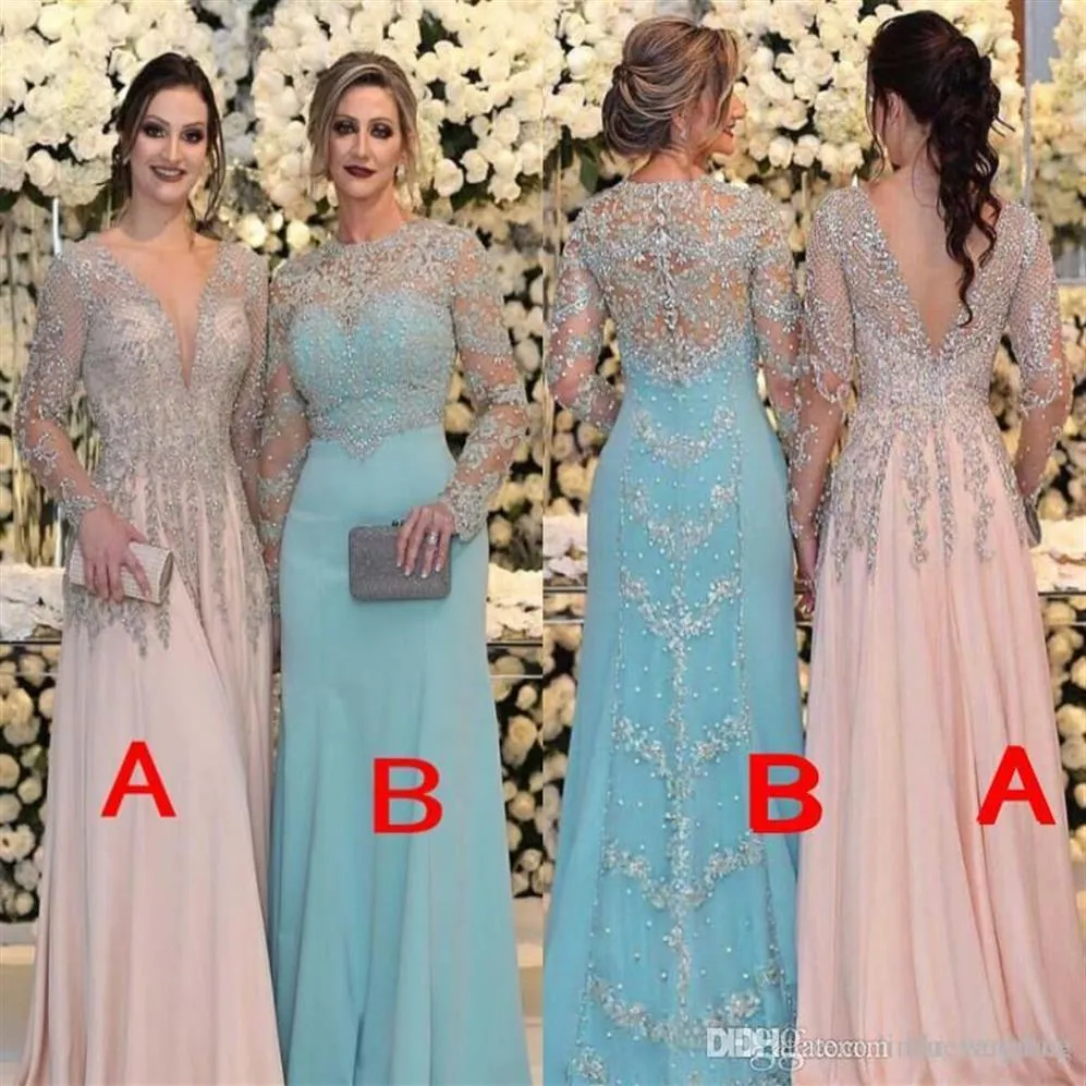 2019 Beaded Mother of the Bride Dresses Mermaid Sheer Long Legheves Formal Godmother Inveing Wedding Party Guests Gown PlusサイズCU284E