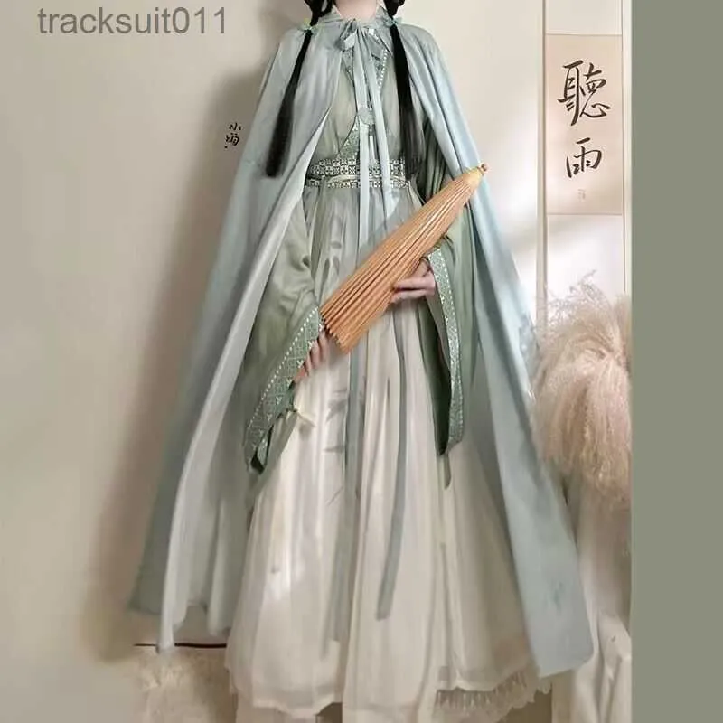 Women's Cape Hanfu Dress Women Ancient Chinese Song Dynasty Hanfu Cyan Sets Female Cosplay Costume Hanfu Cloak +3pcs Sets Party Dress Plus XL L230920