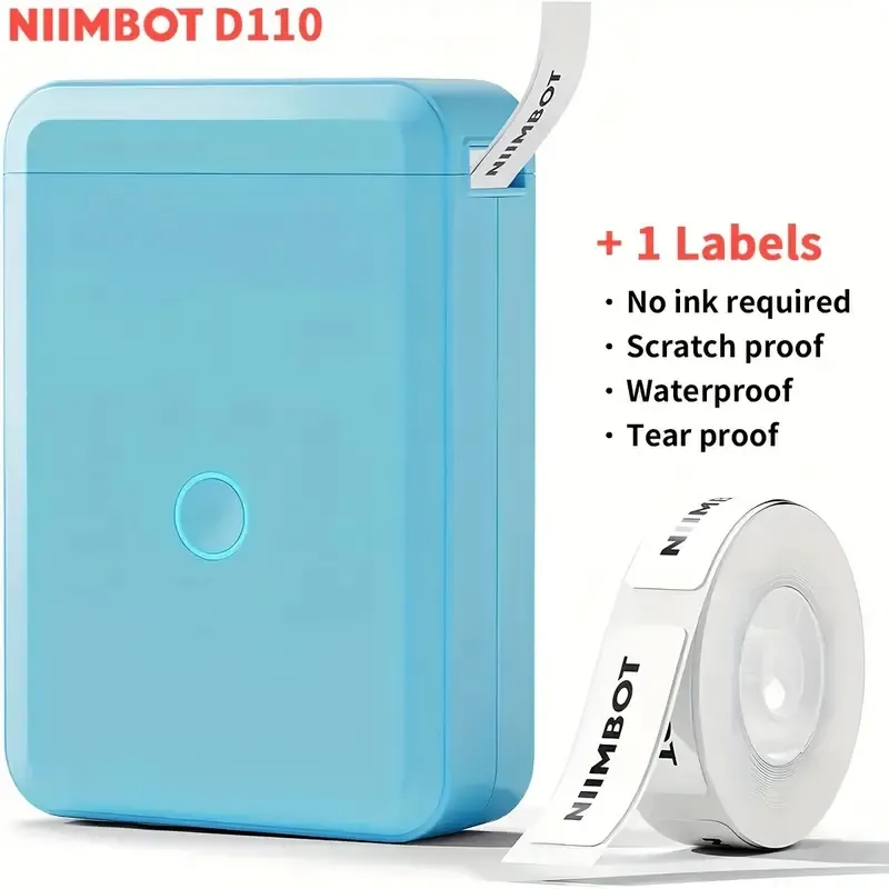 NIIMBOT D110 Label Maker Machine med 1 tejp, liten termisk klistermärkesskrivare med 0,59''x1.18 '' Etiketter, bärbar telefon BT -anslutning, iOS Android, Monochrome, Blue