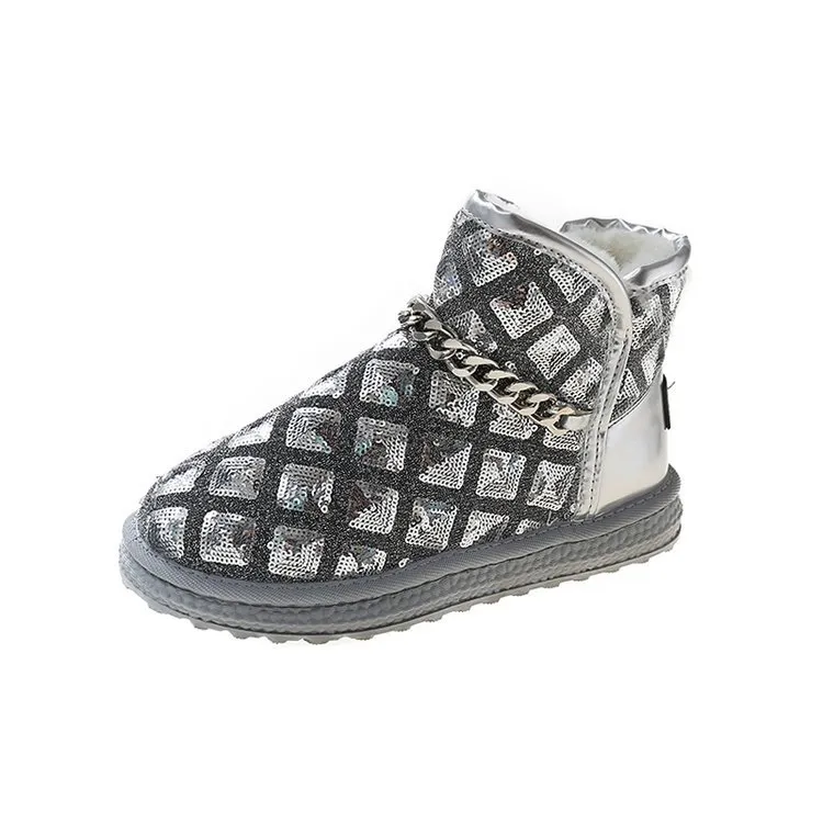 Women Boots Black Silver Chain Soft Middle Round Warm Fur Snow Boot Potties أحذية قطنية غير رسمية 36-40