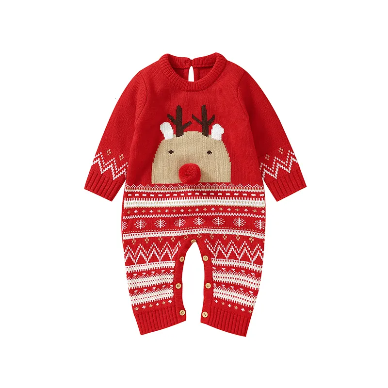 Macacão de malha acrílico manga longa vermelho natal rena impressão nascido bebê meninos meninas 018m infantil primavera outono bodysuit 230919