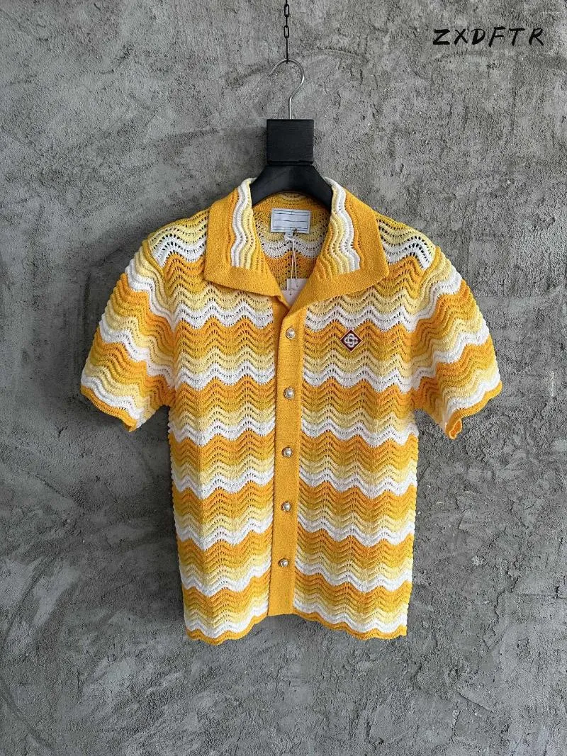 Men's Casual Shirts ZXDFTR Men 2023SS Gradient Wave Pattern Knitted Sweater Shirt