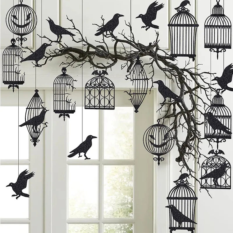 Other Event Party Supplies Glitter Black Crow Cage Halloween Decorations for Gothic Tree Hanging Raven Bird Banner Garland 230919