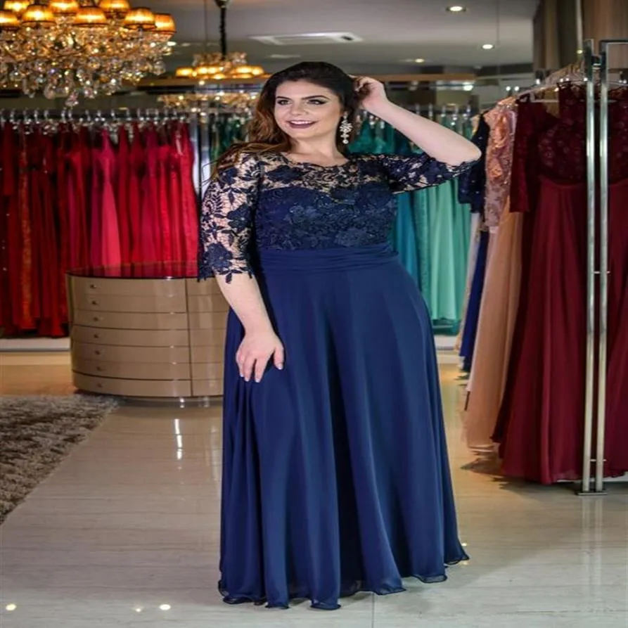 Mãe da Noiva Vestidos Formais Noite Plus Size Lindo Renda e Chiffon Mangas Meio Comprimento Azul Mãe da Noiva Dresse303B