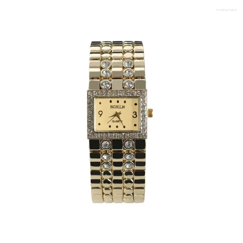 Relógios de pulso grande dial liga cinta generosa senhoras relógio mulheres relógios amarelo ouro pulseira retangular conjunto com diamantes britânico