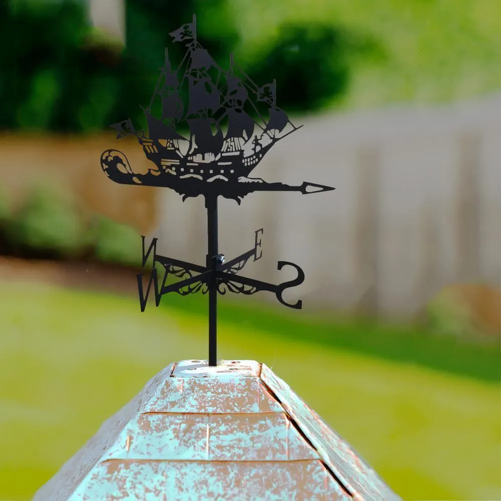 Black Wrought Iron Rooster Weather Vane - 30x30x57.5cm Farm Yard Roof Decoration & Wind Direction Indicator