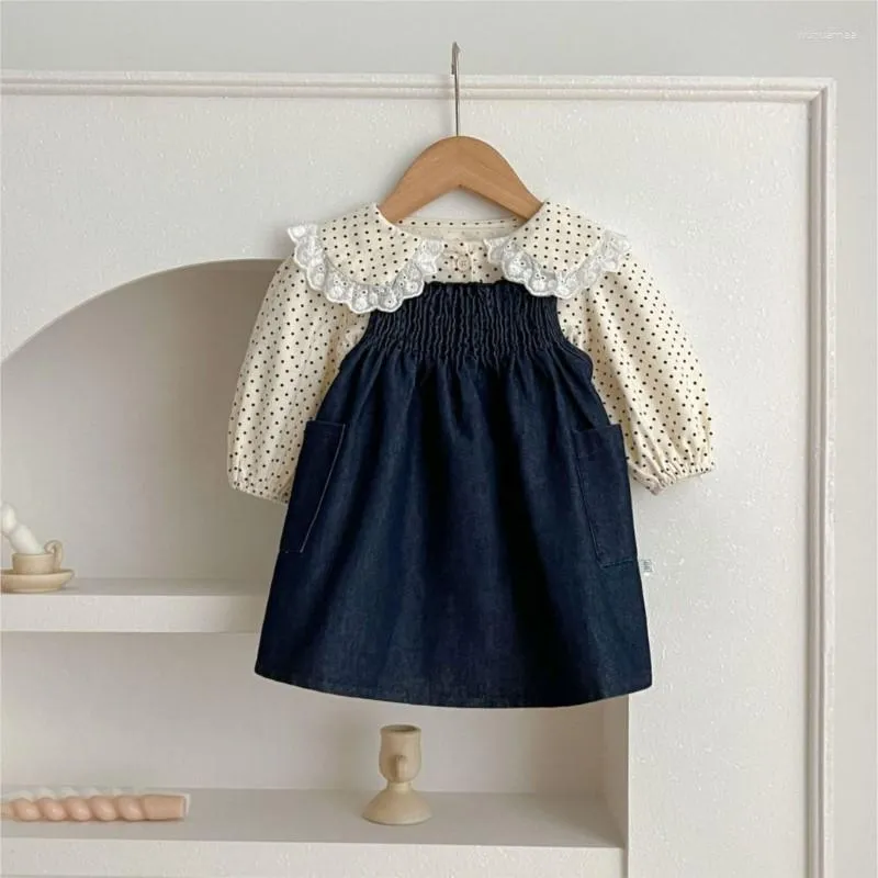 Ensembles de vêtements 2023 coréen automne bébé filles 2pcs vêtements ensemble coton dot manches longues barboteuses denim poche slip robe costume enfant en bas âge tenues