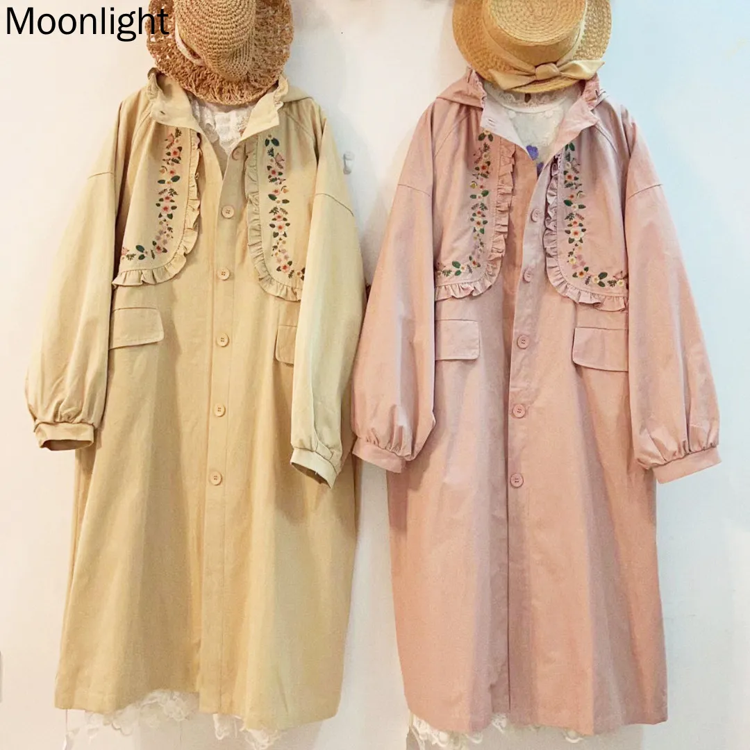 Frauen Trenchcoats Vintage Stickerei Herbst Frauen Japanische Mori Mädchen Süße Langarm Einreiher Mit Kapuze Windjacke Weiblichen Mantel 230920