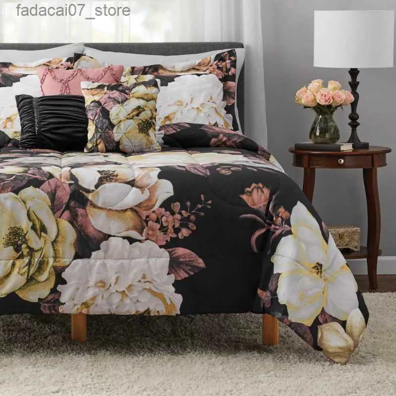 Beddengoedsets Mainstays Zwart Bloemen 10-delig Bed in een zak Dekbedovertrekset met lakens Q230920