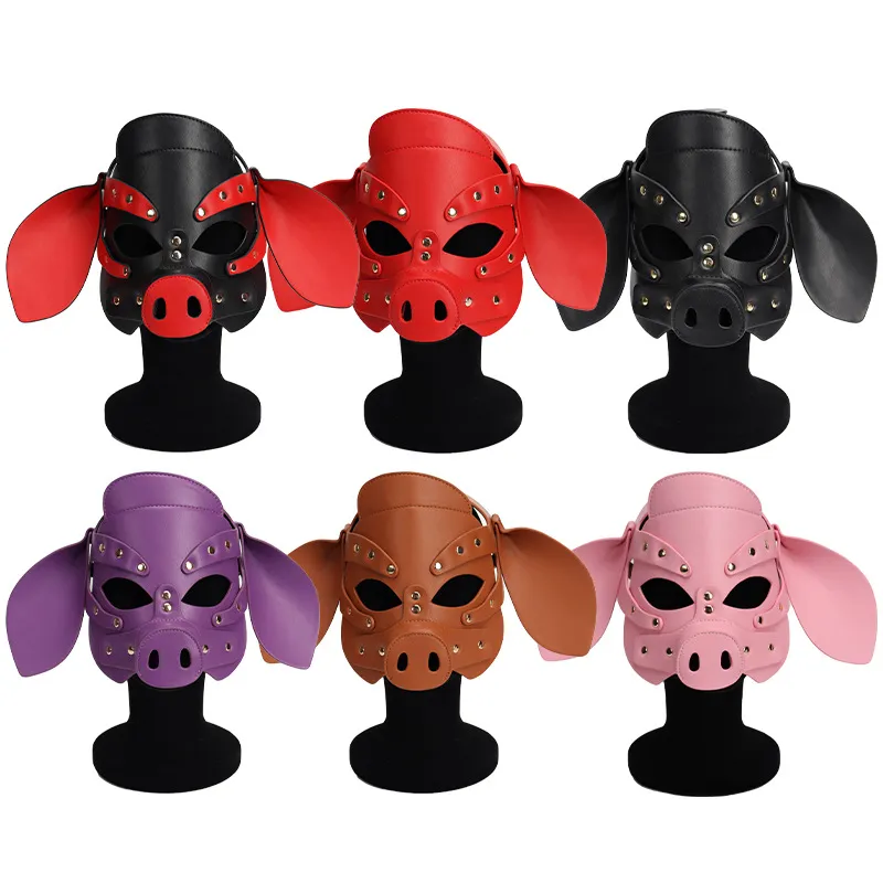 Accessori per costumi Pelle PU Simpatico maiale Cosplay Maschera a pieno facciale Sexy Party per adulti Uomini Copricapo Giochi di ruolo Maschere per animali Fetish Copricapo con rivetti in metallo