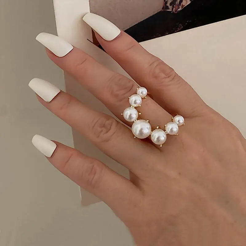 Fashion Big Geometric Pearl Paved Rings For Women New Double Layer Jewelry Personality Statement Open Ring Adjustable Bijoux Wholesale YMR032