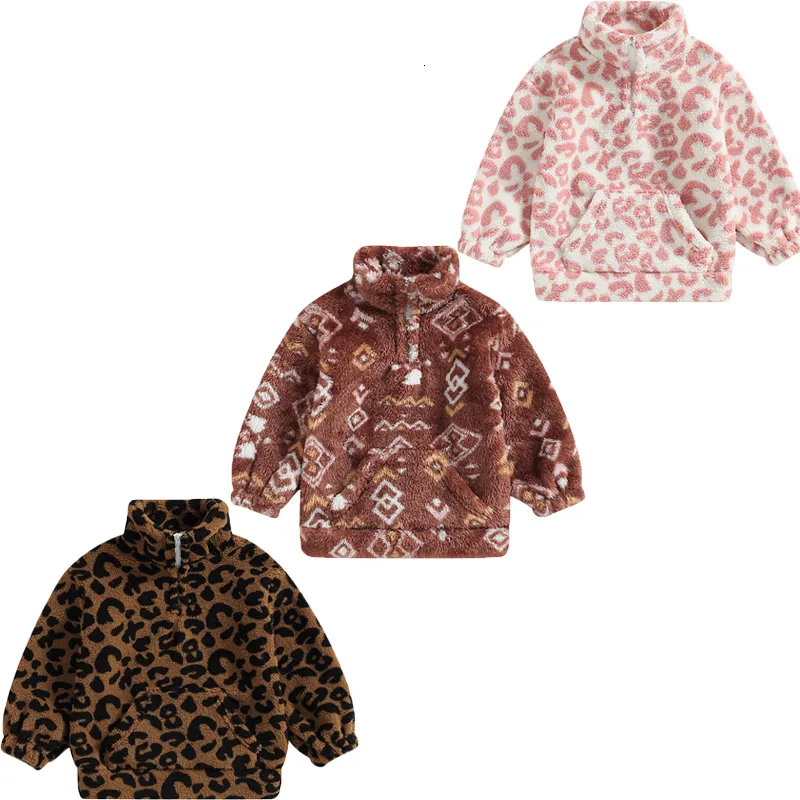Jackor Focusnorm 3 7y Winter Toddler Kids Girls Boy Outwear Warm Fuzzy Long Sleeve Leopard Vintage Print dragkedja Sweatshirt Jacket 230920
