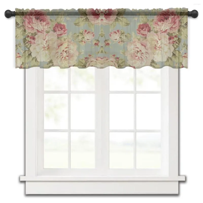 Curtain Peony Flower Vintage Tulle Kitchen Small Window Valance Sheer Short Bedroom Living Room Home Decor Voile Drapes