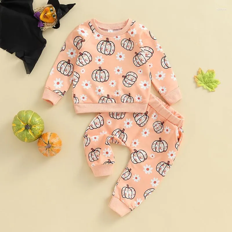 Set di abbigliamento Autunno Neonate Autunno Abiti di Halloween Completi Set Fiore Stampa zucca Felpe a maniche lunghe Pantaloni elastici in vita 2 pezzi