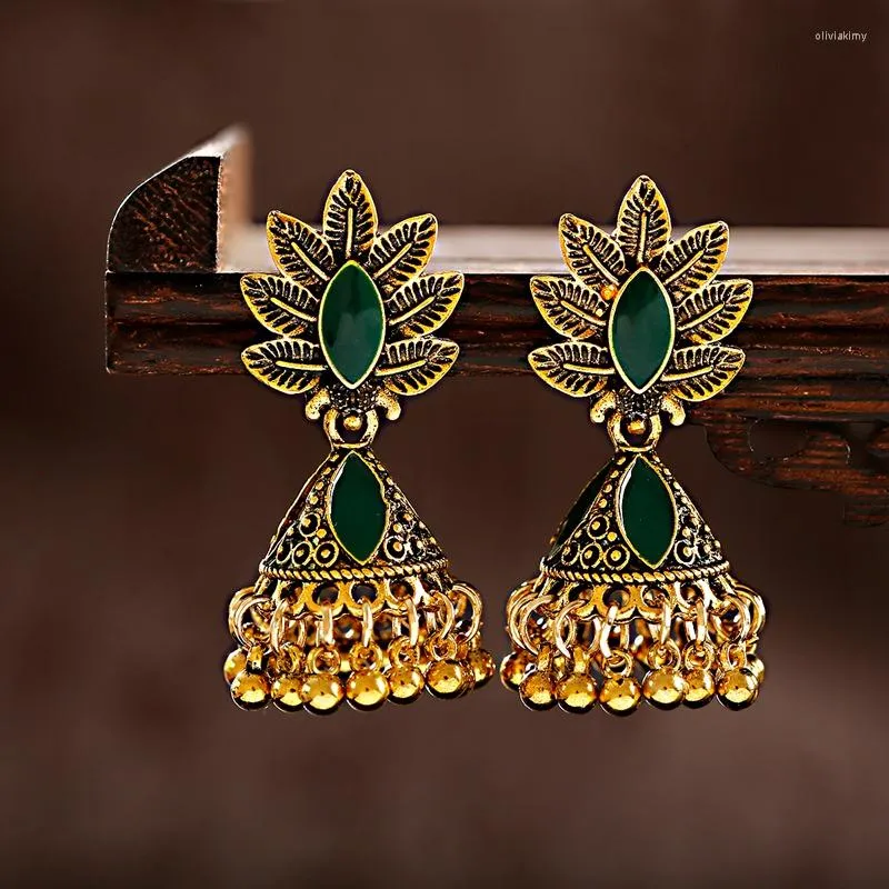 Dingle örhängen antika etniska kvinnors jhumka örhänge afghanska zigenare smycken boho guld färg blad snidade klocka tass droppa damer