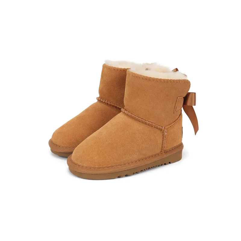 Designer kinderlaarzen Ultra Mini Australische kinderlaarzen Fashion Back Strikjes Kastanje Winter Babyschoenen Enkellaarsjes Echt leer Bont Bottes Maat 21-35