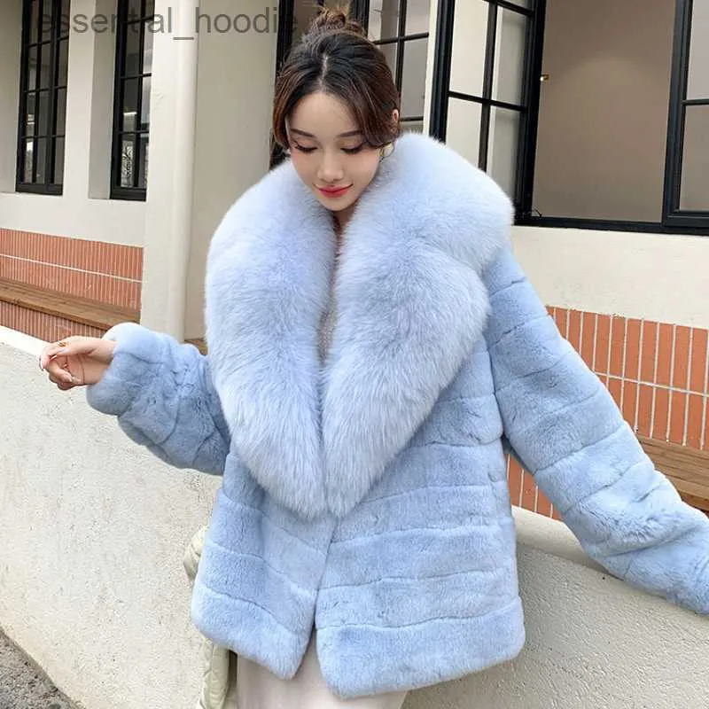 Women's Fur Faux Fur Hot Sales Women Fashion Real Rex Rabbit Fur Long Natural Full Pelt Rabbit Fur Jackets With Real Fox Fur Collar Winter Coat L23092