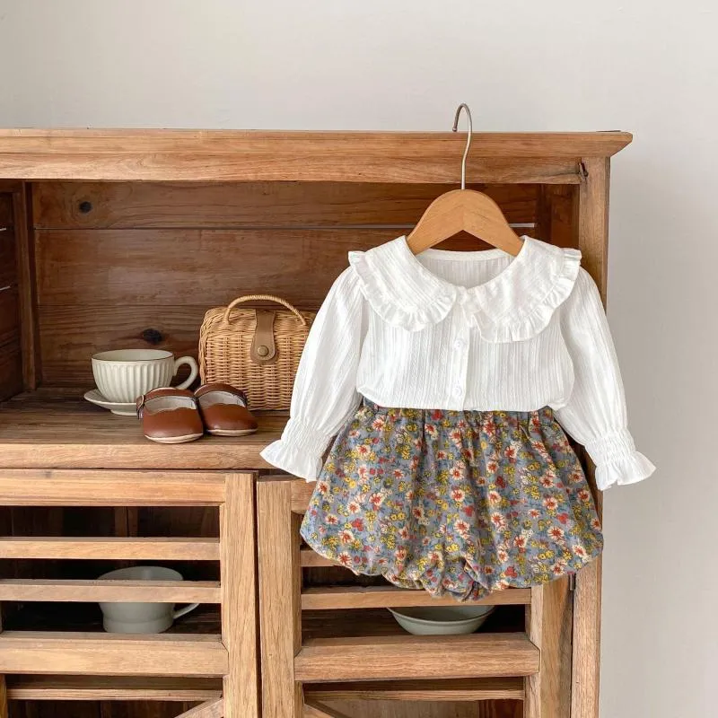 의류 세트 아기 소녀 달콤한 흰색 셔츠 꽃 반바지 아이 걸 의상 정복 아이 가을 착용 유아 유아 패션 세트