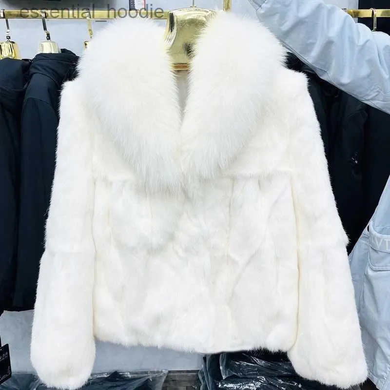 Women s Fur Faux Fur 100 Genuine Whole Skin Rabbit Fur Coat with luxury Real Natural Fox Fur Collar Jacket Full Pelt Rabbit Fur Overcoat HT89 L230920