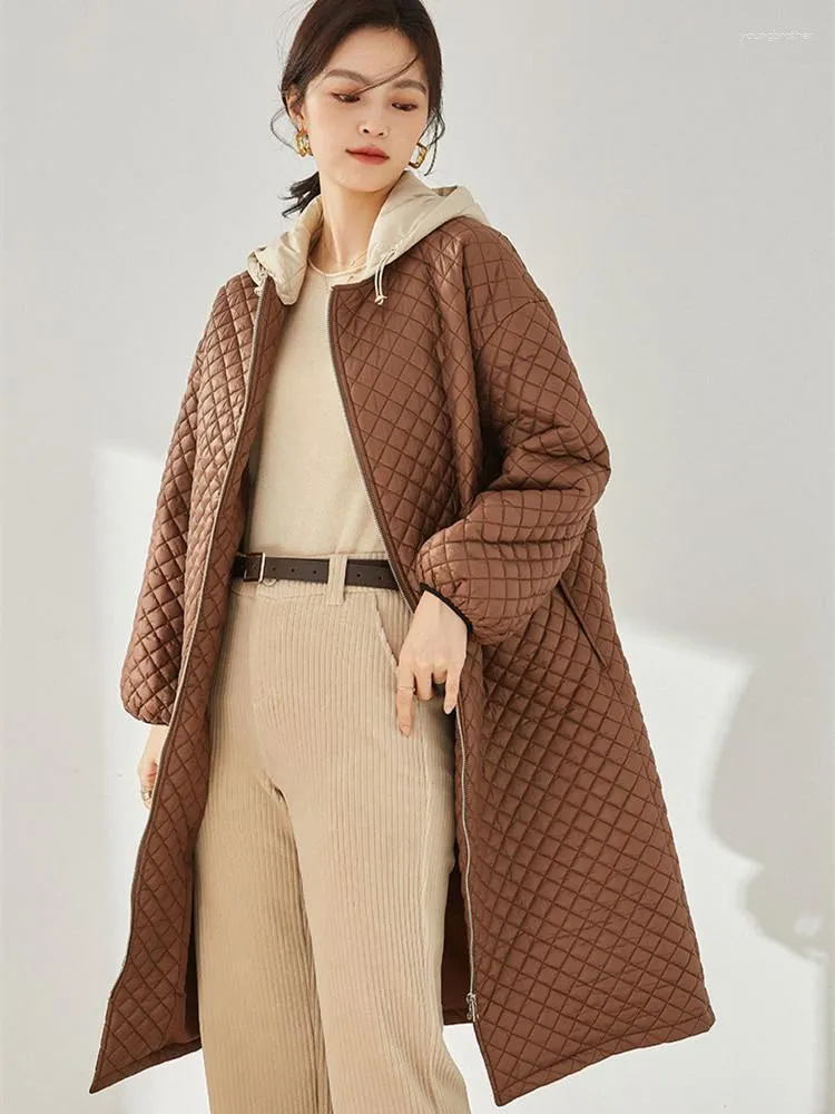 Women's Trench Coats Aigyptos Women Fall Winter Parkas Płaszcz Koreańska wyjmowana z kapturem kurtka Rhombus Wzór długą odzież wierzchnią Argyle