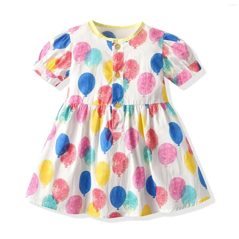 Girl Dresses Toddler Baby Girls Button Up Dress Summer Beach Colourful Balloon Print Short Sleeve Ruffle A Line Swing Casual For Kids