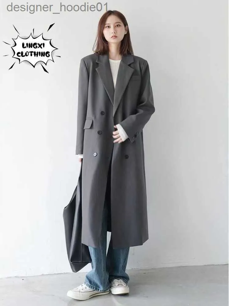 Women's Wool Blends Korean version Gray Trench Coat Extended Suit Style Trench Coat för kvinnor på hösten och vintern 2022 Ny British Vintage Coat L230920