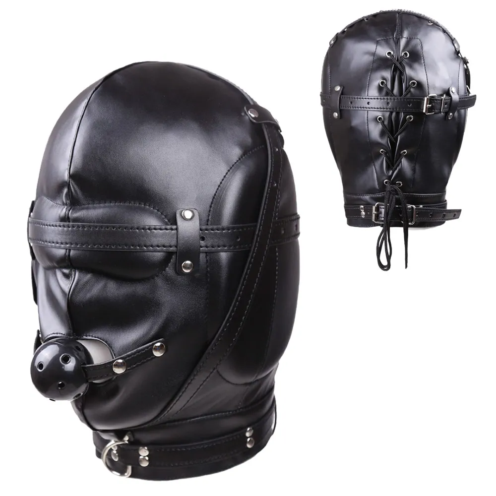 Accessori per costumi Sexy pelle PU nera spugna ispessimento uomini maschere per la testa cosplay per adulti maschera per il viso copricapo in maschera con palla per la bocca