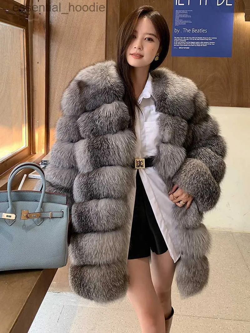 Women's Fur Faux Fur FURTJY Medieval Style High-end Silver Blue Fox Whole Leather mid-length Fox Fur Coat European Finnish Silver Frost Fox Coat L230920