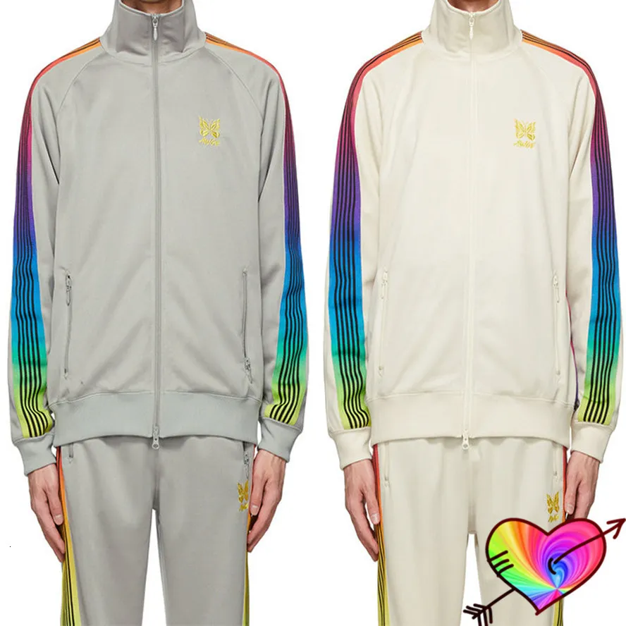 Herren Jacken Regenbogen Streifen Nadeln AWGE Jacke Männer Frauen 1 Hohe Qualität Stickerei Schmetterling Streetwear Track Mantel 230920