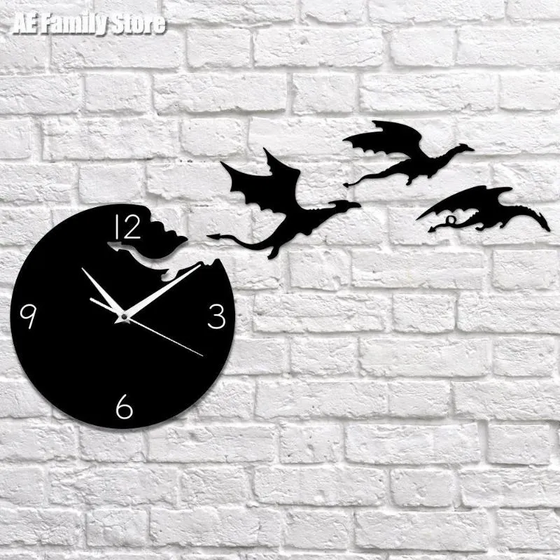 Horloges murales 2024 Creative Acrylique Horloge Flying Dragon Mute DIY Autocollant Enfants Chambre Décoration Miroir
