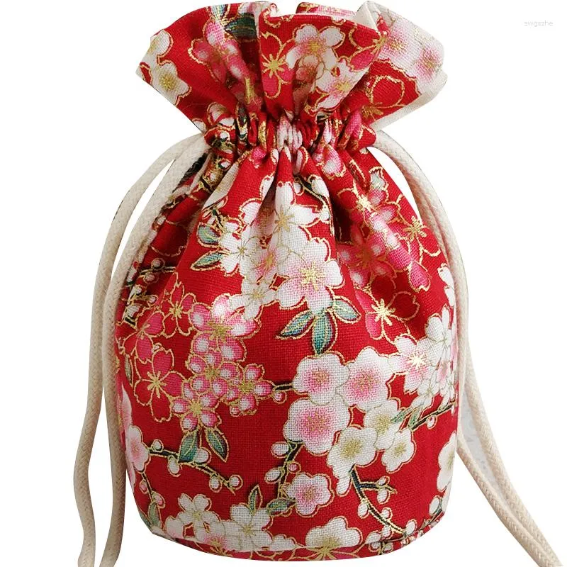 Envoltura de regalo Flores de cerezo Bolsa de tela de fondo redondo Bolsa de cordón de lino de algodón chino Pequeña joyería Bolsas de embalaje reutilizables