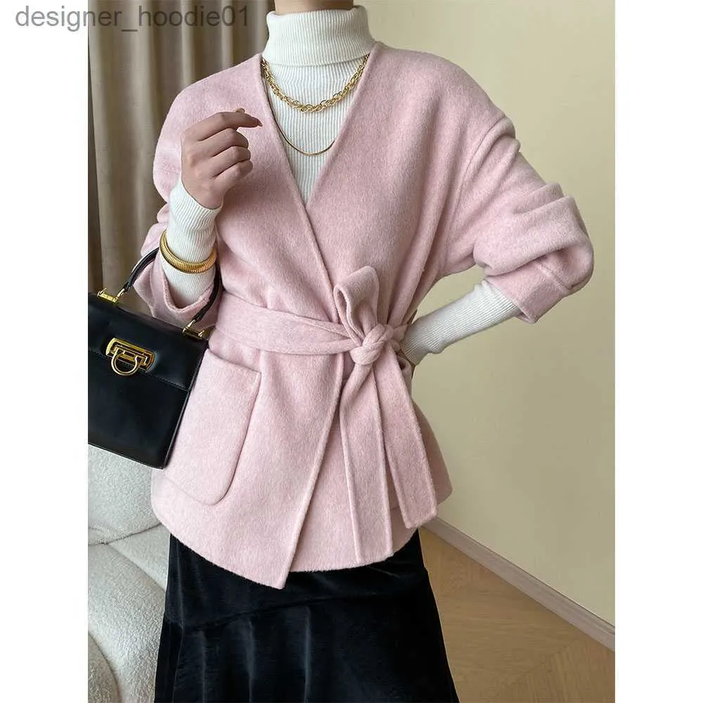 Women's Wool Blends Elegant Women Woolen Coat Solid V-neck Long Sleeve Belt Peacoat Double Sides Wear Soft Warm Female Outerwears Versatile Jackets L230920