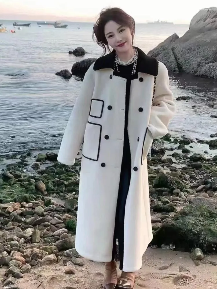 Manteau en laine d'agneau pour femme, veste longue à revers, épaisse et chaude, en Faux daim, Vintage, Patchwork, vêtements d'extérieur, automne hiver