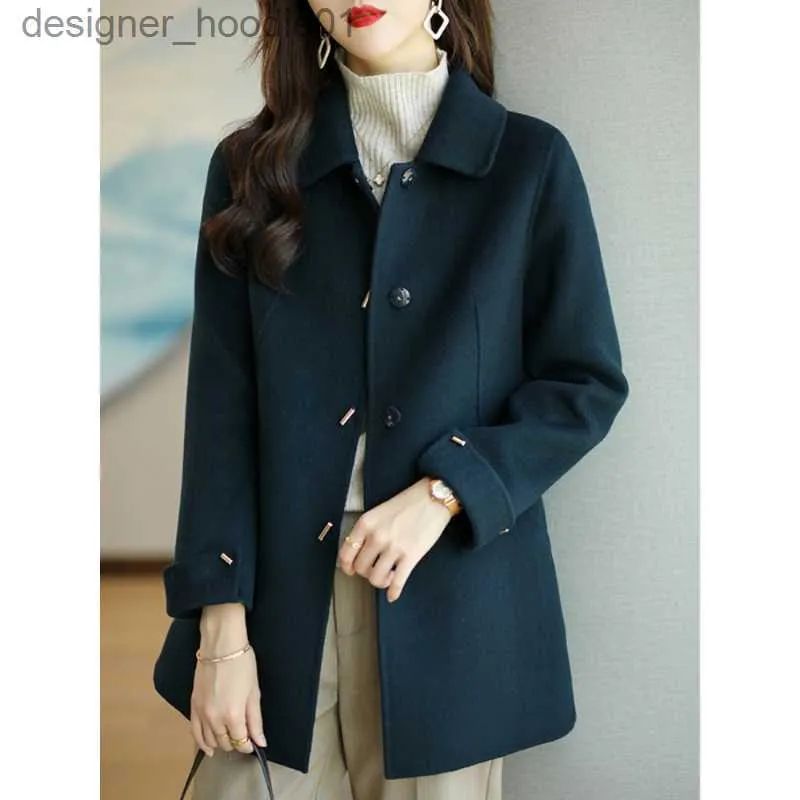 Женское полушерстяное пальто, тонкое модное офисное женское однобортное зимнее пальто с квадратным воротником для женщин 2023, черное пальто с карманом и широкой талией L230920