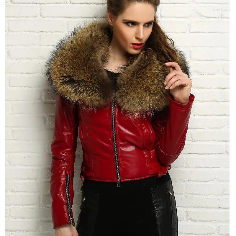 Women's Jackets Women Genuine Sheep Skin Leather Jacket Luxury Warm Natural Real Raccoon Thick Fur Collar Coat Female Autumn Winter