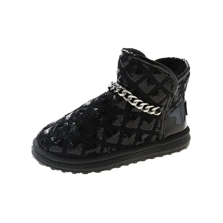 Inverno botas femininas preto prata corrente macio médio redondo pele quente bota de neve designer botties sapatos casuais de algodão