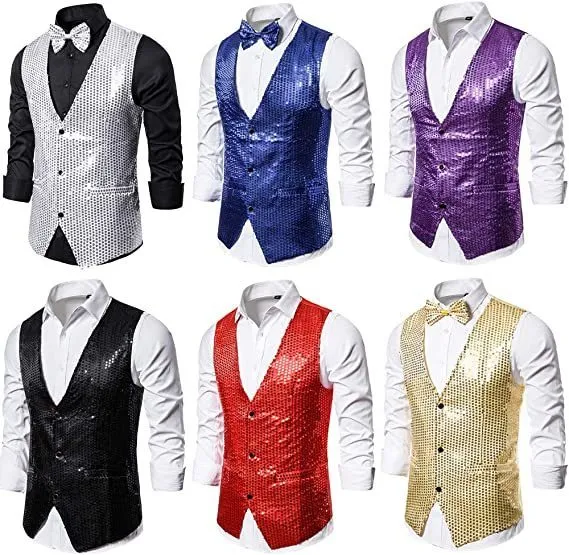 Men's Vests Male Sequin Blazer Button Waistcoat Vest with Bow Tie Fashion Business Evening Wedding Party Glitter Sleeveless Slim 230919