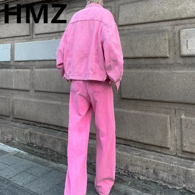 Men Hot Pink Denim Jacket Outfit Trendy Y2K Mens Denim Tracksuit