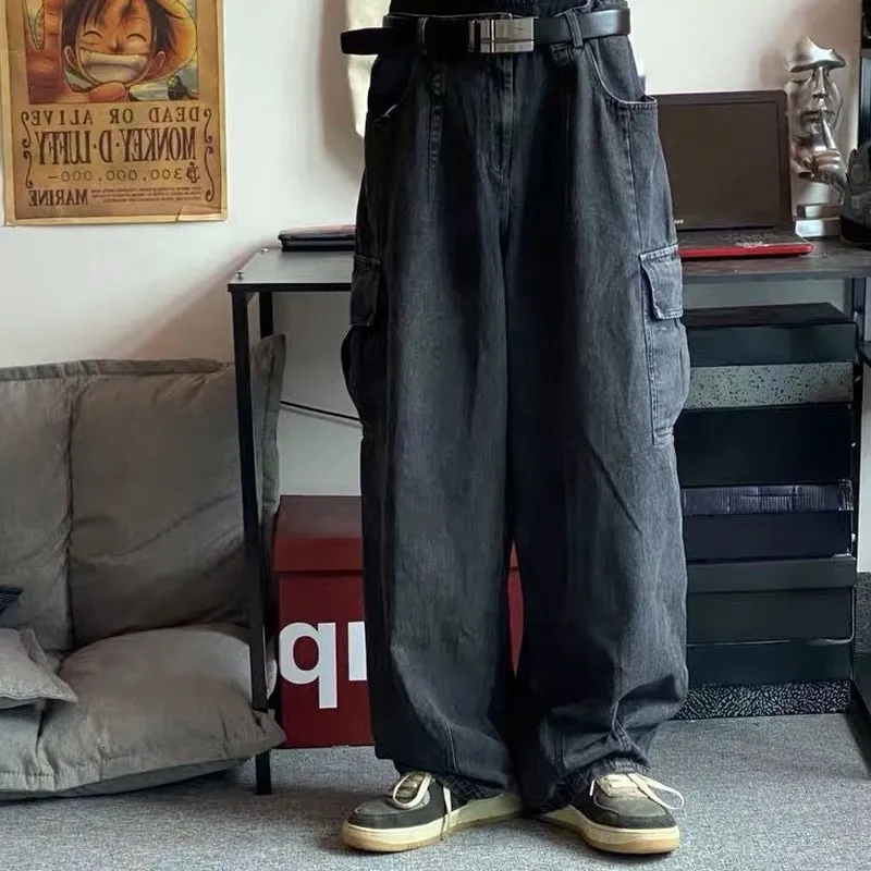 Mäns jeans houzhou baggy byxor manliga denim byxor svart bred ben överdimensionera last koreanska streetwear hip hop hajujuku 230919