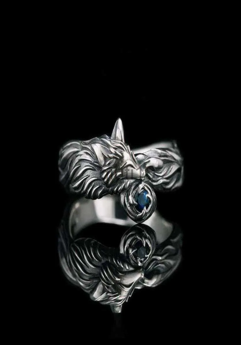 Band Rings Vintage Silver Plated Fox Ring Blue CZ Stone Rings for Men Women Punk Gothic Party Jewelry Gift Whole2964425 X0920