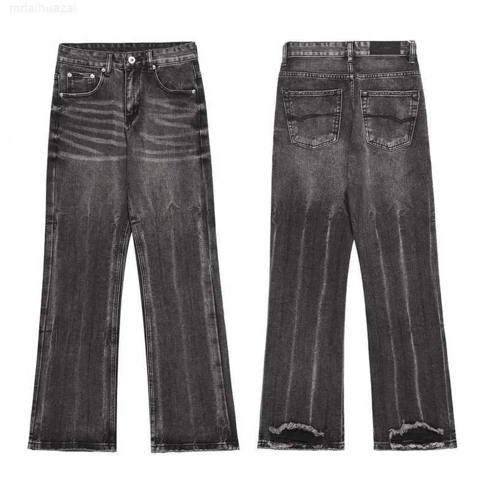 High Street Fashion Brand Cat Beard Worn Out Trouser Legs Washed Black Grey Micro Horn Casual Street Jeans