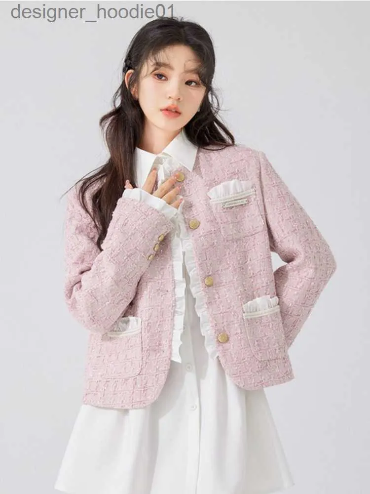 Casacos de lã femininos misturas rosa meninas doce pequena fragrância tweed para mulheres 2023 outono inverno moda coreana casaco de lã francês elegante chaquetas l230920