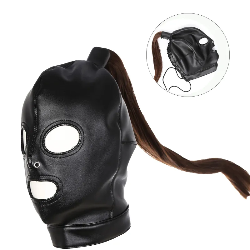 Accessoires de costumes Masque à capuche en latex unisexe Hommes drôles Femmes Masques en cuir PU avec cheveux Jeux de fête de carnaval Chapeaux Cosplay Accessoire sexy