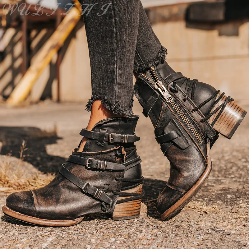 Bottes Style Punk à nouer en croix, bottes marron foncé à talon compensé, fermeture éclair latérale, boucle de ceinture, chaussures sauvages pour femmes 230920