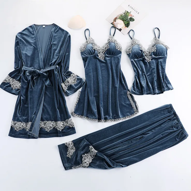 Floral Trim Sexy Women Velvet Sleepwear Autumn Winter Warm Pajama Pyjama Set Solid Colar Nightwear Soft Home Wear M-XL