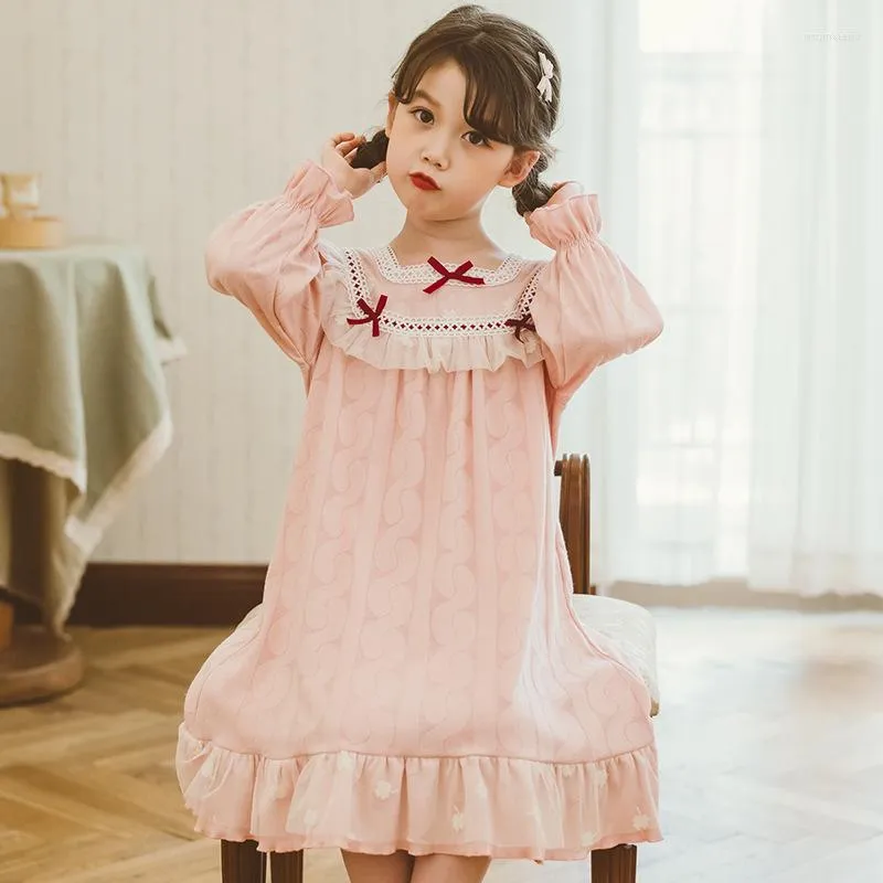 Girl Dresses 2023 Autumn Kids Boutique Clothing Nightgowns Girls Dress Princess Solid Color Bowknot Casual Square Collar Falbala