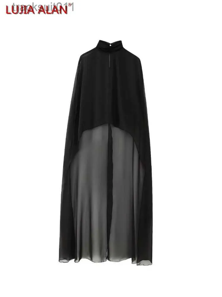 Women's Cape 2023 New Women's Asymmetrical Transparent Tulle Cape Coat Casual Female Stand Collar Loose Clothing Lujia Alan C1791 L230920