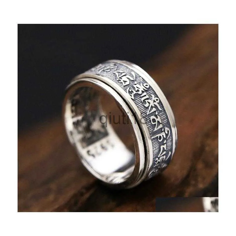 Anneaux de bande Anneaux de bande Thaïlande Sier Real 925 Sterling Bague Hommes Tibétain Bouddhiste Coeur Sutra Rotation Fine Bijoux Vintage Dragon Drop Livraison Dhrgi x0920