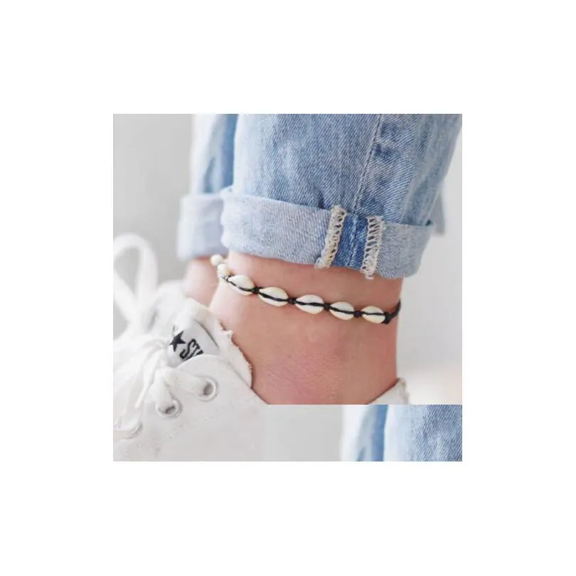 Bracelets de cheville Bohemian Sea Shell Anklet pour femmes filles noires cordes à la main chaînes de corde d'été plage bracelet de cheville sur la jambe hommes Boho Jewelr Dhjlc