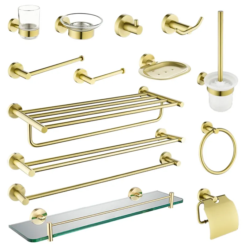 Badtillbehör Set Borsted Gold Badrumstillbehör Handduk Rack Toalett Borste Rollpappershållare Handduk Bar Hook Soap Dish Bathrom Hardware Wall Shelf 230920